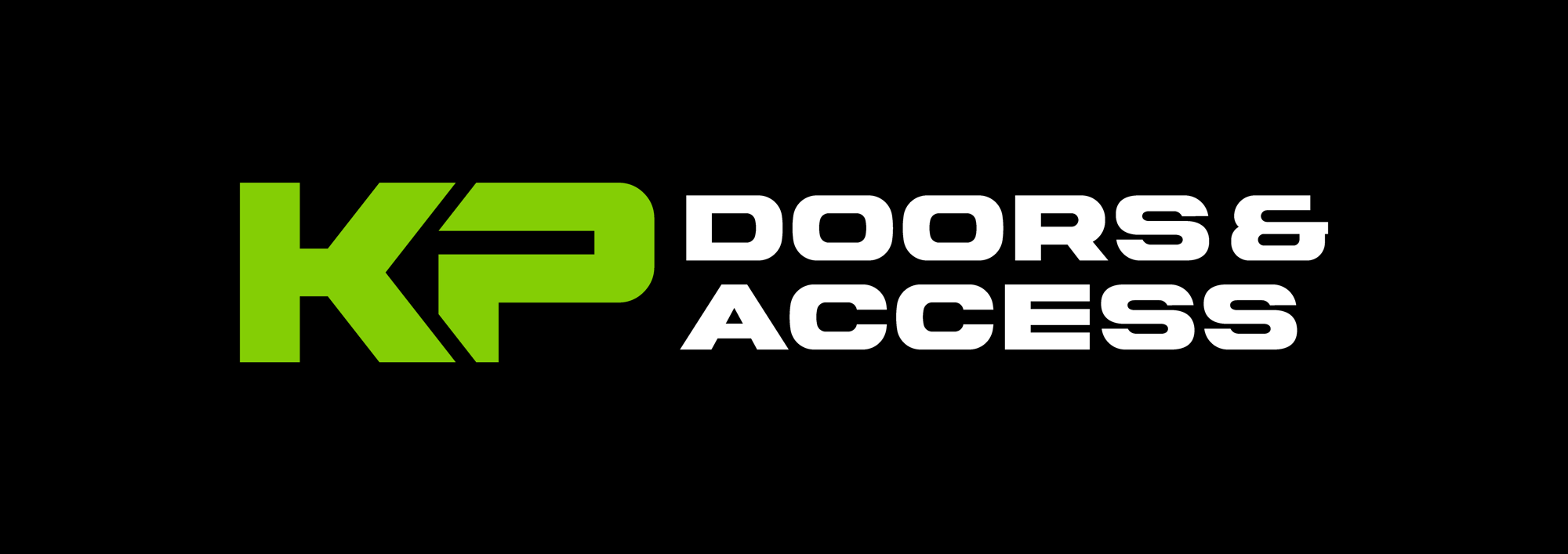 KP Doors & Access logo black background green text